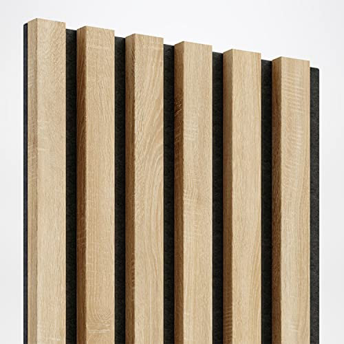KLEMP Wandpaneele – Lamellenleisten aus MDF auf Filz 275 x 30 cm, Wandverkleidung zur Montage mit Kleber oder Klebeband auf schwarzem Untergrund Sonoma Eiche