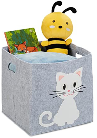 Relaxdays Aufbewahrungskorb Filz, Katzenmotiv, Filzkorb für Kinder, faltbar, HBT: 33 x 34 x 32 cm, Spielzeugkorb, grau, Katze