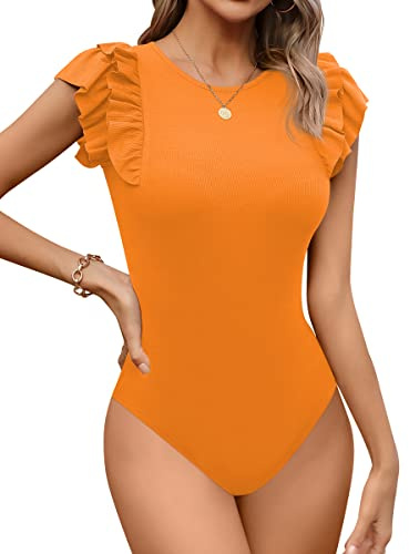 Missufe Body da donna elegante, scollo rotondo, con volant, a maniche corte