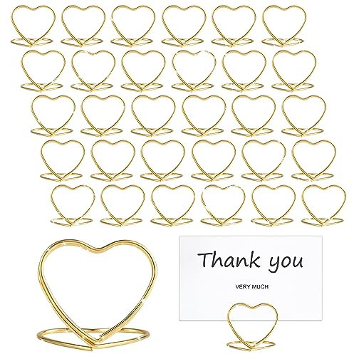 BOXOB 32St Tischnummernhalter, Mini Tischkartenständer, Menükartenhalter，Herzform Tischkartenhalter, Tischschildhalter, Platzkartenhalter, Memo & Menü & Foto Clips für Hochzeit, Party, Büro (Gold)