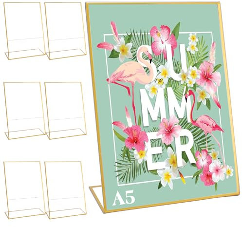 A5 Tischaufsteller Schräg,6 Stück Gold Thekenaufsteller,Acryl Werbeaufsteller,DIN A5 L-Ständer,Gold Bilderrahmen für Hochzeit Tischnummern,Speisekartenhalter,Fotorahmen-21×14.8cm