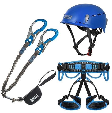 LACD Klettersteigset Ultimate Ferrata S mit mit Swivel (Drehwirbel) + Helm Protector 2.0 Blue + Klettergurt Start 2.0 (Größe M (Taille 80 – 120 cm, Bein 50 – 70 cm))