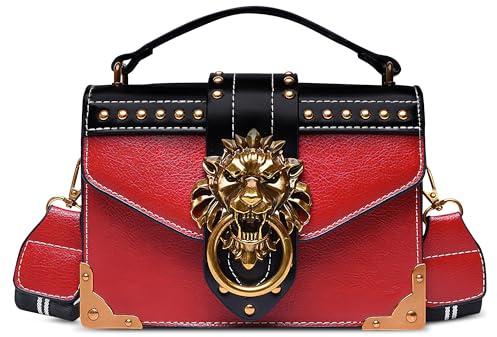 DEEVORCA Ausgefallene Damen Handtasche – wasserdichte PU Leder Schultertasche mit Vintage Löwenkopf Deko, Abnehmbarem Crossbody Riemen | Elegant für Arbeit, Urlaub & Date (Flammenrot)