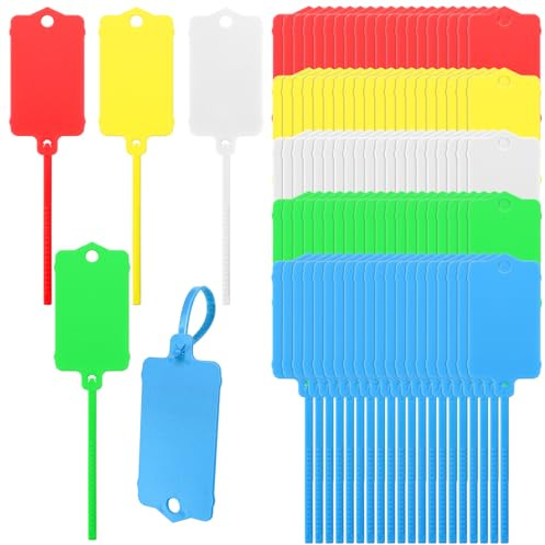LeonBach 100 Etiquetas de Plástico Para Envío 1.45 x 2.5 Pulgadas, Impermeables Para Escribir con Correa de Sellado, de Amarre de Cables Para Llaves y Equipaje