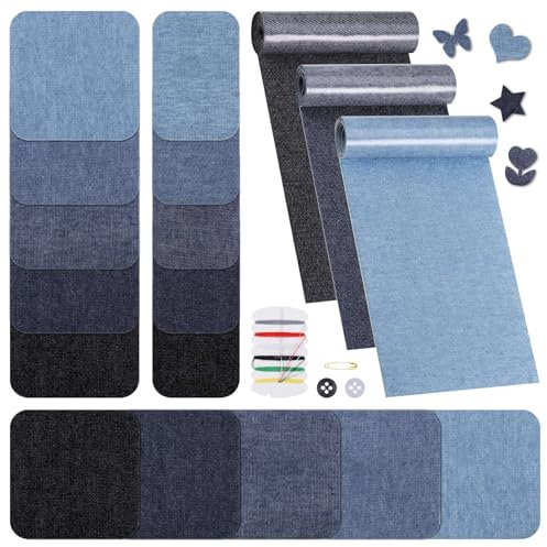 Huiguli 3 Rollen Bügelflicken Jeans 51x8cm, 15 Stück Flicken zum Aufbügeln, Jeans Flicken zum Aufbügeln Innen Außen für Kinder Erwachsene
