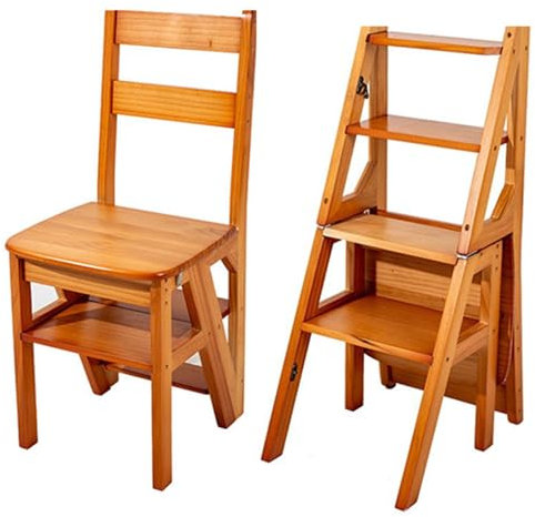 Sedia Con Scaletta Pieghevole 2 in 1 Multifunzionale in Legno a 4 Gradini - Espositore Per Scale (Color : A, S : 90 * 35 * 45CM)