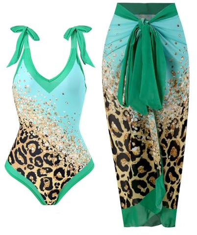 Women Two Piece Swimsuit Matching Chiffon Long Skirt Ladies Swimming Costume V Neck Padded One-Piece Monokini with Sarong Beach Cover Up Bathing Suit Bikini Beachwear UK Clearance