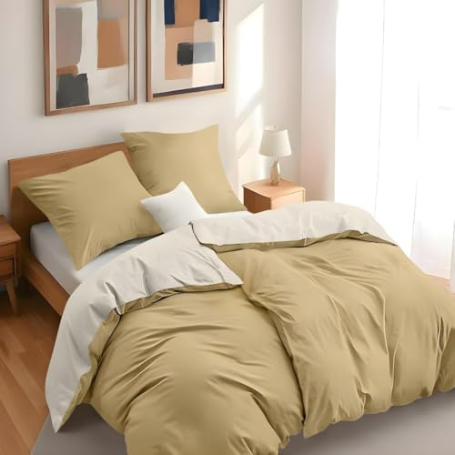 Dreamzie - Bettwäsche 135x200 4teilig - 2 Bettbezüge + 2 Kissenbezüge 80x80 | Bettdeckenbezug · Wendbar · Beige/Sand · Ultraweiche Mikrofaser · Reißverschluss · OEKO-TEX · Pflegeleicht