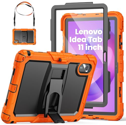 SEYMAC Funda para Lenovo Idea Tab 11 2025/Tab M11/Tab K11 Gen 2, Naranja | Funda Resistente con Protector de Pantalla, Soporte Plegable, Correa para el Hombro, Portalápices, Antichoque, Anticaídas