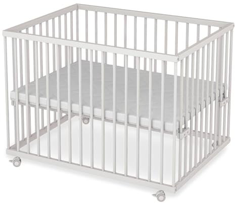 Sämann Laufstall Baby mit Lattenrost und Matratze | stufenlos höhenverstellbar | Laufgitter Premium | Babybett aus Holz | Krabbelgitter (weiß, 75x100 cm)