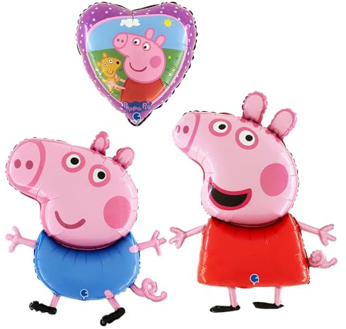 Grabo Peppa Wutz Ballon-Set Made in Italy. Set mit drei Peppa Wutz-Luftballons mit Peppa, George und passendem Herzen. Ideal für unisex Kinder, Geburtstagspartys und mehr. Bunte Folienballons