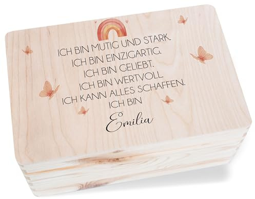 Erinnerungsbox - Motivation - Ich bin mutig und stark | Erinnerungskiste Taufe Holzkiste mit Spruch zum Schulanfang Geschenk Einschulung - 30x20x14 cm - Holz - box für kindererinnerungen