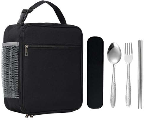 ZGDEIWGF 1 Stück Schwarze Lunchbox-Tasche Und 1 Stück Geschirrset, Lunchtasche Für Erwachsene, Verdickte Lunchtasche, Lunchbox-Tasche Mit Großem Fassungsvermögen