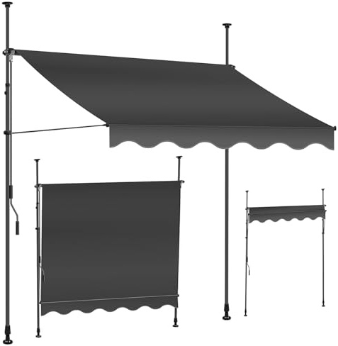 Klemmmarkise Aufrollbar Balkonmarkise, 215~310cm Höhenverstellbar, ohne Bohren, 200~400cm Breit, Regenschutz & Sichtschutz, für Garten Terrasse(Black,200cm)