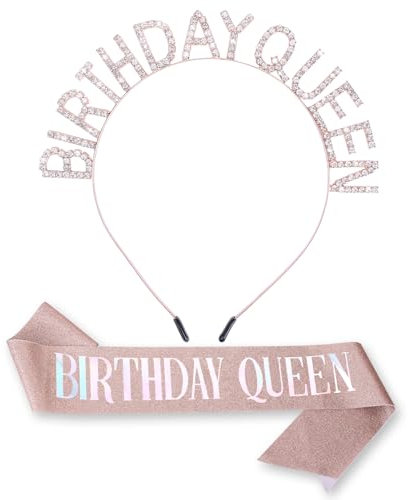 Ensemble diadème « Birthday Queen » avec strass et écharpe or rose pour femme, couronne de princesse, cadeau d'anniversaire, bandeau à paillettes, décoration pour fête de fille, accessoires pour