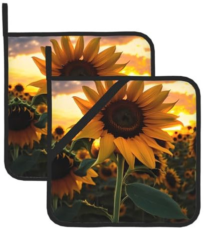 WHJWZY Set di 2 presine da cucina resistenti al calore e durevoli, con corda sospesa, stampa con girasole