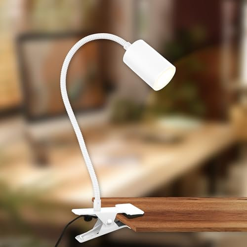 B.K.Licht - Lámpara de sobremesa con interruptor por cable, color de luz blanco cálido, orientable, lámpara de lectura, lámpara de pinza, cabecera, oficina, cama, luz para niños, 40x10x6,5cm, blanco