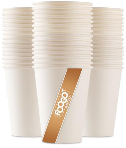 FOOGO Green 100pcs 12oz Disposable Strong Single-Wall White Paper Coffee Cups, FSC® Certified, Fully Compostable, Takeaway, Paper Cups for Hot Drinks, Parties, Eco-Friendly