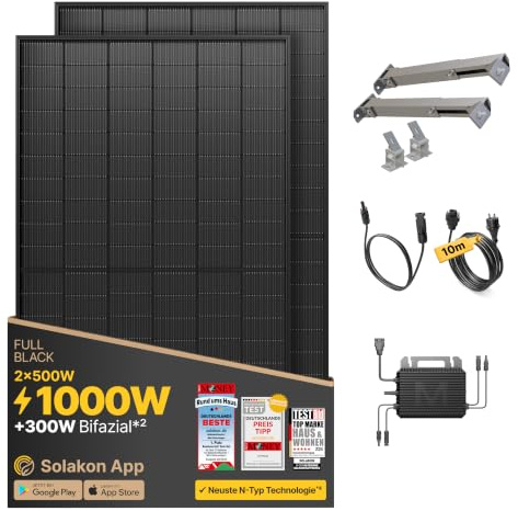 Solakon® 1000W Balkonkraftwerk mit Halterung (Wand) - Balkonkraftwerk 800W komplett Steckdose - neuester 800 Watt Wechselrichter - Solaranlage Komplettset - 500W bifaziale Solarmodule inkl. Zubehör