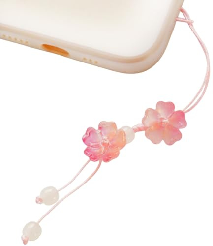 Handmade Cute Cherry Blossom Beads Phone Lanyard, Kawaii Braided Flower Mobile Phone Lanyard, Cute Glass Bead Charm, Key Chain, Bag Charm (Pink)
