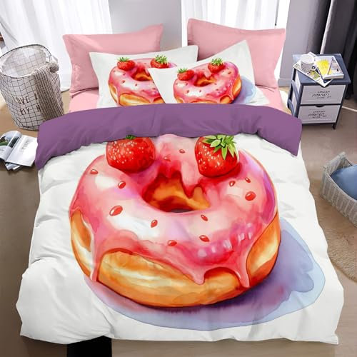 Set copripiumino Stampa 3D - set di biancheria da letto in cotone Ciambelle carine, morbido copripiumino matrimoniale con federe cerniera reversibile 3 pezzi 135x200cm