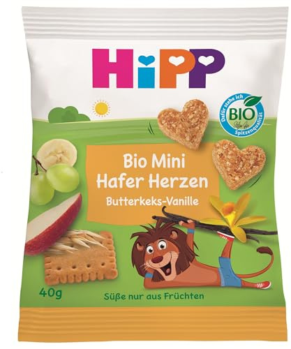 HiPP Bio Mini Hafer-Herzen Butterkeks-Vanille (12 x 40g), ab 1 Jahr, Kindersnack in Herzform, mit hohem Getreide- und Ballaststoffanteil, Süße nur aus Früchten