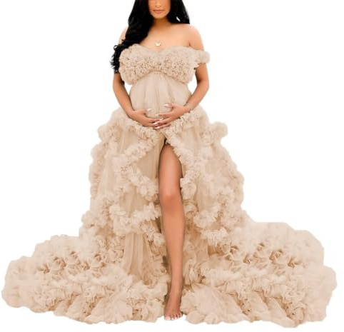 AHERKLL Puffad Tyll Badrock Mammaklänning för Fotosession Axellös Underkläder Baby Shower Nattklänning Gravid AH105, Champagne, 40