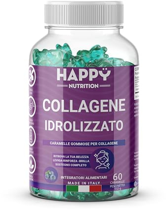 Happy Nutrition Caramelle Gommose Collagene - Integratore Gommoso con Collagene Idrolizzato Puro - Gusto Mirtillo - Supporto per Pelle e Unghie - Vitamine Gommose Adulti - 60 Caramelle