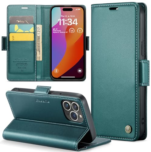 Rerzoiro Cover per iPhone 15 Pro Custodia Portafoglio [Blocco RFID] Premium Pelle PU Wallet Case Flip Libro con Porta Carte Slot Supporto Flip Case per iPhone 15 Pro, Blu-verde