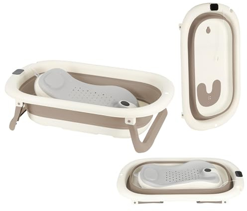 Baignoire Pliable avec Trou de Drainage Portable et Thermomètre à eau, Baignoire de Bain Autonome avec Transat de Bain pour Enfant, Baignoires sur Pieds en Plastique PP+TPE (Kaki 72 * 45 * 17 cm B)