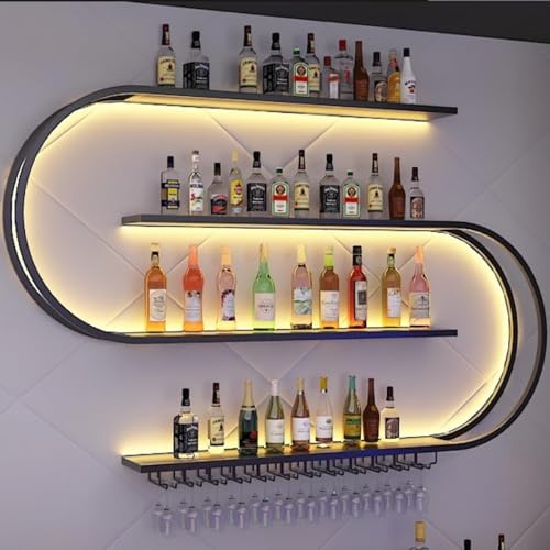 120cm Wand montiertes Weinregal, halbrundes mehrschichtiges Weinregal mit Weinglashaken, Weinflaschen-Präsentationsregal aus Eisen, für Küche, Bar, Café (ohne Glühbirnen) (Black, 120 * 20 * 120CM)