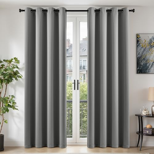 TOPICK Light Grey Blackout Curtains, 2 PCS Thermal Room Darkening W46 xL90 | Eyelet Thermal Insulated Room Darkening Curtains 90 Inch Drop, Soundproof Window Curtains, Soft-feel Triple-weave Fabric