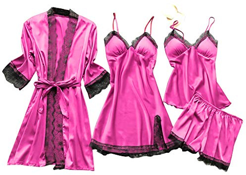 Generisch Pijamas Sexy para Mujer Vestido de Seda Robe Conjunto de Pijamas Encaje Camisa de Noche Lencería Noche de Boda Dessous, Rosa intenso., M
