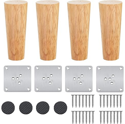 4 Pezzi Gambe per Mobili in Legno Massello,Conico Piedini per Tavolino Divano, Ricambio Parti di Mobili, Armadi Divani Sedia Poltrone Cabinet Letto Tavolo, con Viti e Piastra di Montaggio(15cm/6in)