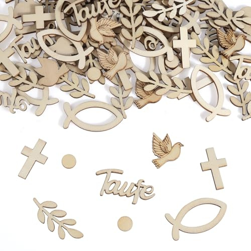 100 Stück Streudeko Taufe, Holz Taufe Deko, Tischdeko Taufe Junge Mädchen, Holz Tauben Kommunion, Deko Streudeko Fische für Firmung Konfirmation Party Dekoration Servietten Baby Dusche Zubehör