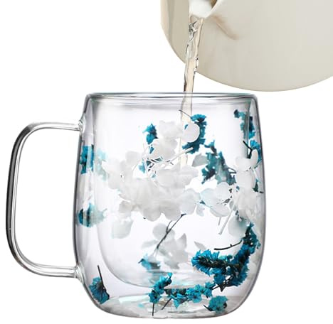Walopola Taza de café de vidrio de doble pared de 250 ml, color blanco y azul, taza de café transparente de doble pared, capa aislada, taza de café con flores secas seleccionadas integradas para