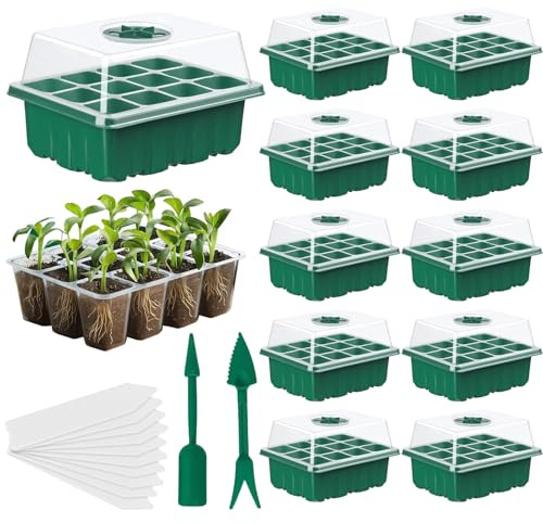 idolpack Seed Trays - 10 Pack 120 Cells Propagator Growing Thicken Seedling Starter Growing Trays with Clear Lids, Tools & Labels for Greenhouse & Gardens(10 Set)