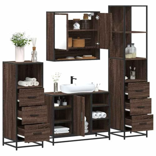 Holamys 4-TLG. Badmöbel-Set Braun Eichen-Optik, Holzwerkstoff, mit Spiegelschrank, Waschbeckenunterschrank, Badschränken, Robustes Unterbau für Waschbecken, ideal für Badezimmer