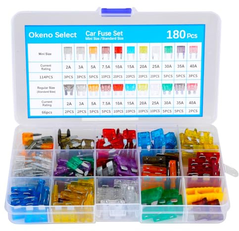 Okeno Select 180 Pièces Kit de Fusibles pour Véhicule, Fusibles Plats Standard & Mini 2A-40A pour Voiture, Camion, Moto, Camping-car avec Extracteur de Fusibles