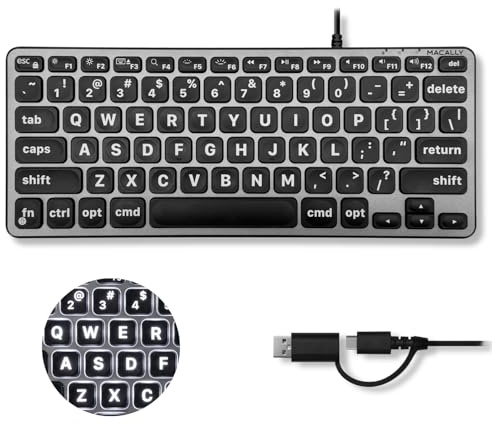 Macally Grand clavier d'impression pour Mac (double USB-C et USB-A) – Petit clavier filaire rétroéclairé, mini clavier USB compact avec touches de commutation silencieuses, compatible avec MacBook Air