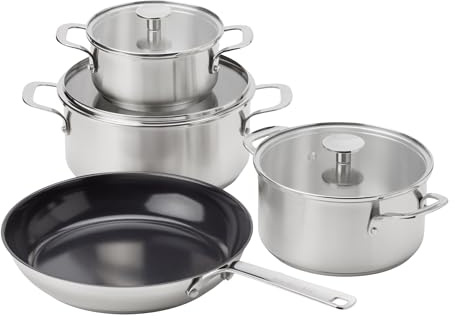 KitchenAid Stainless Steel Sheet Stainless Steel Cookware Set, 4 Pieces, 16 cm/20 cm/24 cm Saucepans and 28 cm Frying Pan, Induction Safe, Oven-Safe, Dishwasher Safe, Silver
