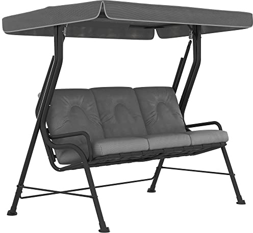 Outsunny 3-Seater Garden Swing Chair, Outdoor Swing Seat with Adjustable Waterproof Canopy and Removable Cushion, for Patio, Porch, 270KG Loadable, 202 x 120 x 172 cm, Light Grey