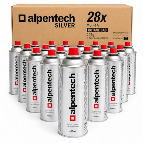Alpentech Gaskartuschen 220 g, 28er Set Schraubkartuschen EN417 | 400 ml, Gas-Stop-Ventil, EN417, für Campingkocher, Gasbrenner und Lötlampen