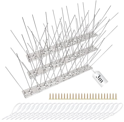 Pinchos Antipalomas 3 Metros, Pinchos Para Palomas de Acero Inoxidable, Pinchos Anti Gatos con 24 Tornillos y 24 Bridas, Ahuyentador de Pajaros, Antipinchos Palomas para Balcón Jardines Canalón