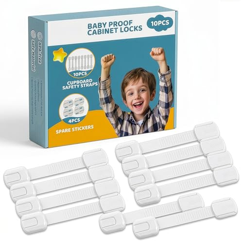 Cuddle Joy Child Safety Cupboard Locks 10 Pack, 4 Extra Adhesive Pads, Child Locks for Kitchen Cupboards, Cabinets, Fridges, Drawers and Appliances, No-Tools Needed