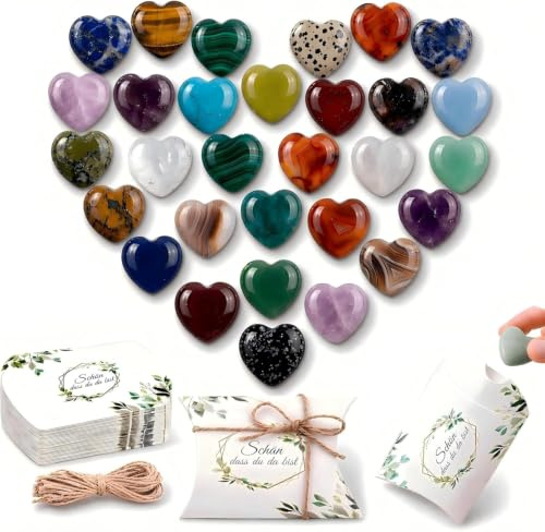 30 Gastgeschenke Hochzeit – Schön dass du da bist Gastgeschenk für Gäste | Herzförmige Glückssteine mit Geschenkboxen & Schnur – kleine Aufmerksamkeit für Geburtstag, Taufe, Kommunion & Hochzeitstag