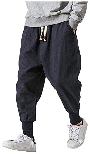 LifeHe Men Linen Drop Crotch Wide Leg Baggy Harem Pants (Blue, XL)