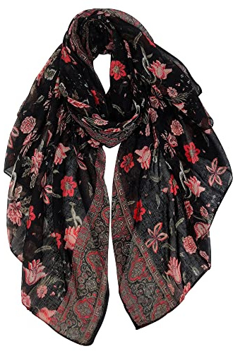 GERINLY Scarves for Women Vintage Florals Fashion Head Scarf Cotton Wraps and Shawls Beautiful Oblong Pareo (Black Red)