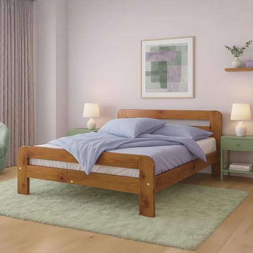 Nodax Double Bed Frame 4ft6 – Solid Pine Wooden Bed Frame for Adults, F2 Easy Assemble Bed with Sturdy Slats & Extra Four Supportive Legs, Comfortable Bedroom Furniture | (Oak)