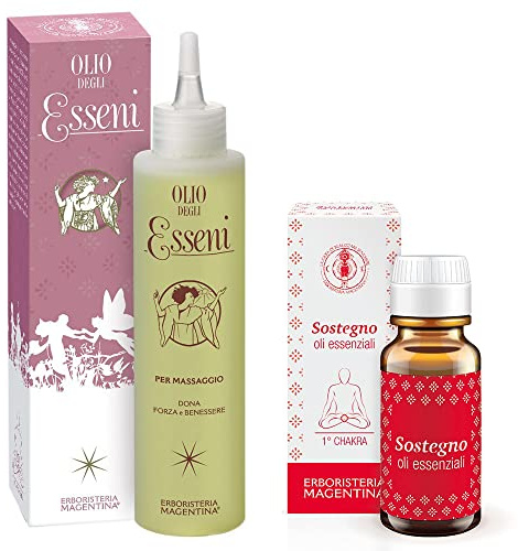Erboristeria Magentina - Olio Degli Esseni Da Massaggio 150 ml + Olio Essenziale Degli Esseni (Sostegno) 10 ml - Primo Chackra - Dona forza e vitalità, effetto balsamico adatto allo sport